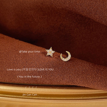 Gold Tone Clear Stone Star And Crescent Moon Asymmetric Stud Earrings