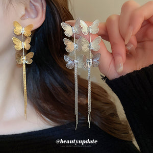 Gold-Plated Brass Butterfly Tassel Earrings with Cubic Zirconia