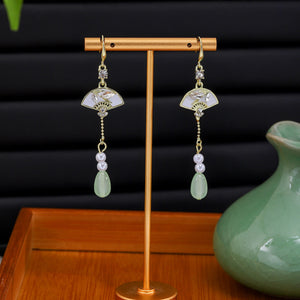 Gold-Tone Folding Fan Hook Earrings with Green Teardrop Bead