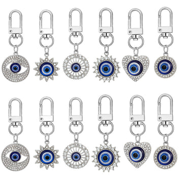 Twelve Piece Silver Tone Rhinestone Evil Eye Clip Keychain Set