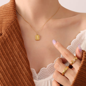 Gold Engraved Rose Square Tag Pendant Necklace Cable Chain