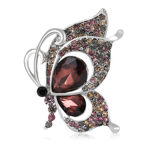 Silver Butterfly Brooch with Large Crystal Blue Burgundy