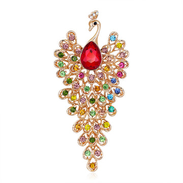 Red Gold Tone Peacock Crystal Two Designs Metal Brooch Pin 4.9 x 10.5 cm