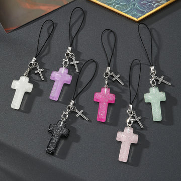 Glitter Resin Cross Phone Charms with Metal Cross 6 Colors