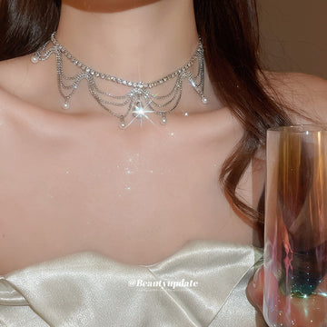 Silver Rhinestone Layered Pearl Teardrop Choker Necklace