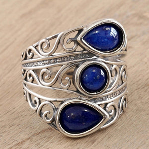 Antique Silver Tone Openwork Ring With Three Blue Stones