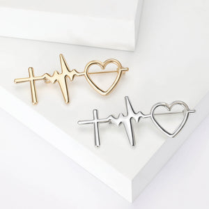 Heartbeat Line Brooch Cross Wave Open Heart Metal Pin