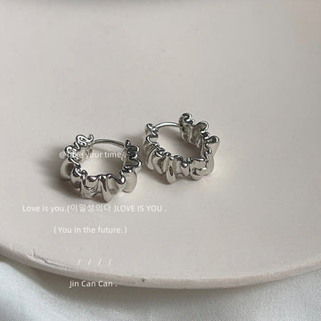 Silver Ruffled Wave Mini Hoop Earrings Hinged Huggies