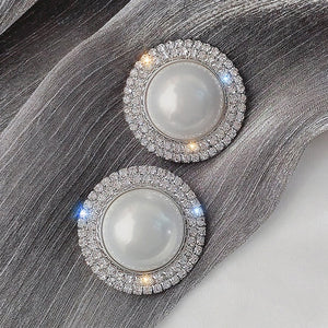 Silver Tone Round Faux Pearl Halo Stud Earrings with Clear Stone Accents
