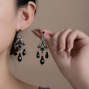 Black Teardrop Chandelier Silver Tone Long Dangle Earrings