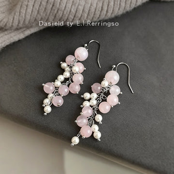 Pink Crystal Pearl Cluster Tassel Drop Earrings Pair