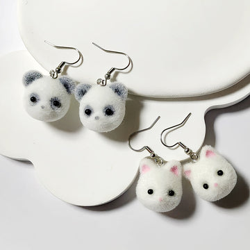 Flocked White Cat and Panda Head Drop Earrings with Random Option