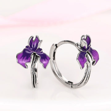 Silver Tone Purple Enamel Iris Flower Huggie Hoop Earrings