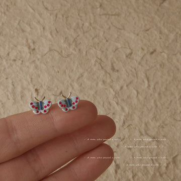 Gold Tone Blue Red Enamel Mini Butterfly Stud Earrings
