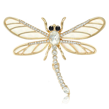 Dragonfly Rhinestone Brooch White Enamel Wings Silver Gold