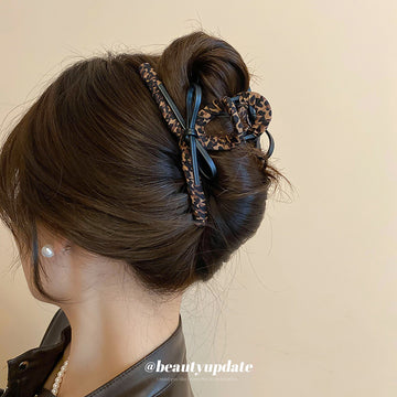 Brown And Black Leopard Fabric Wrapped Hair Claw With Large Bow