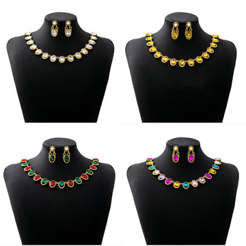 Gold Tone Gemstone Collar Necklace Matching Drop Earring Set