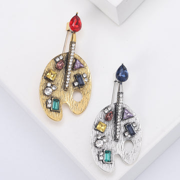 Gold Silver Artist Palette Rhinestone Paintbrush Brooch