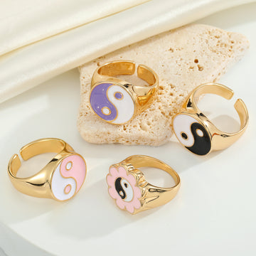 Gold Tone Enamel Yin Yang Adjustable Open Rings in Four Designs