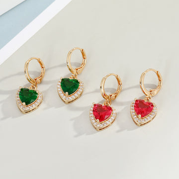 Gold Tone Heart Crystal Halo Huggie Drop Earrings in Two Colors