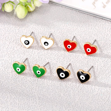 Gold Tone Enamel Heart Evil Eye Stud Earrings in Five Colors