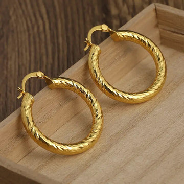 Gold Tone Diamond-Cut Textured Large Hoop Earrings Pair