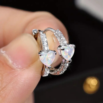 Silver Tone Heart Opal Huggie Hoop Earrings Clear Side Stones