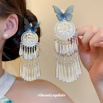 Blue Butterfly Silver Filigree Tassel Duckbill Hair Clip