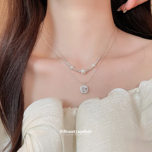 Layered Pearl Bead Necklace with Square Crystal Pendant
