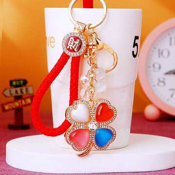 Moonstone Clover Keychains with Fortune Cords and Loose Heart Loops