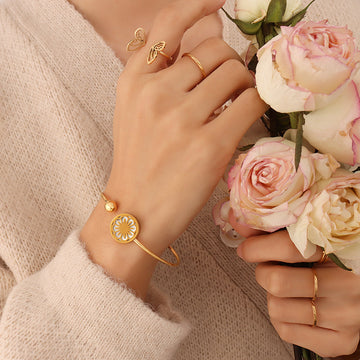 Gold Daisy Shell Open Soft Wire Cuff Bangle Bracelet