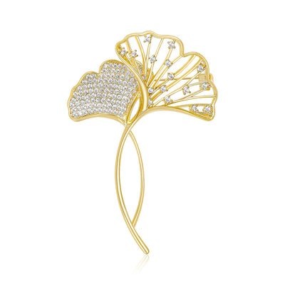Front view of twin Ginkgo Leaf Crystal Brooch With Long Crossing Stems against a white background.