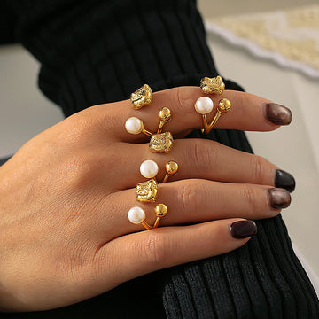 Open Ring Pearl Ball Textured Nugget Gold Steel Metal Band