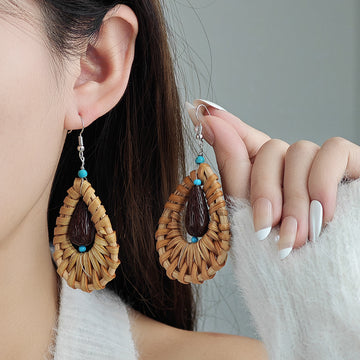 Woven Teardrop Brown Center Turquoise Bead Hook Earrings