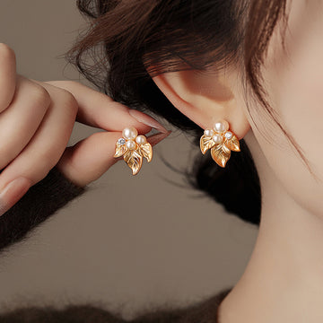 Gold Leaf And White Pearl Cluster Stud Earrings Statement Jewelry