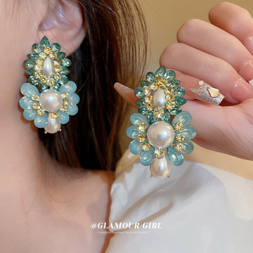 Blue Crystal and Pearl Cluster Statement Earrings with Polished Metal Accents