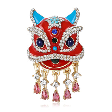 Red Lion Dance Head Brooch With Pink Crystal Fringe