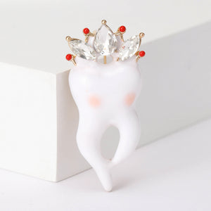 White Tooth Brooch with Crystal Crown and Gold Tone Back