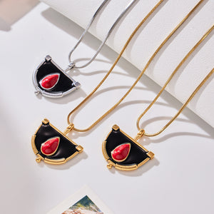 Black and Red Enamel Fan Pendant Necklaces in Two Finishes