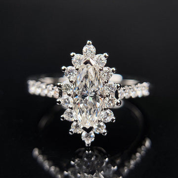 White Gold Marquise Halo Clear CZ Floral Finger Ring