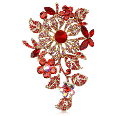 Red crystal flower branch brooch gold tone front view