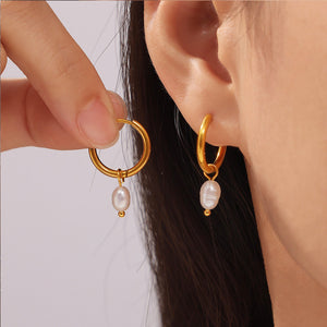 Freshwater Pearl Huggie Hoop Drop Earrings Gold Or Steel