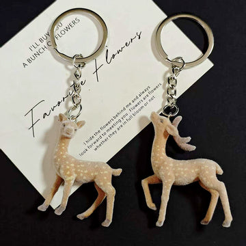 Flocked Spotted Deer Keychains in Two Poses with Silver Tone Rings