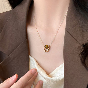 Gold U-Shape Tiger Eye Bead Pendant Chain Necklace
