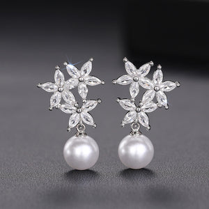 Clear Crystal Flower Pearl Drop Stud Earrings Polished Jewelry Accessory