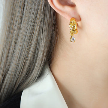 Heart Embossed C-Hoop Earrings Crystal Teardrop Dangle