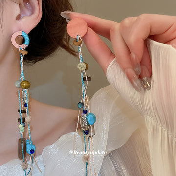 Blue and Brown Beaded Asymmetric Long Stud Earrings