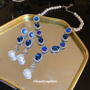 Silver Tone Blue Crystal Necklace And Earrings With Pearl Drops
