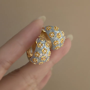 Crystal Floral Enamel C Hoop Earrings in White and Blue