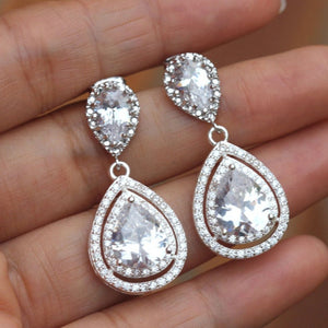 Double Pear Stone Silver Drop Earrings Metal Jewelry Design